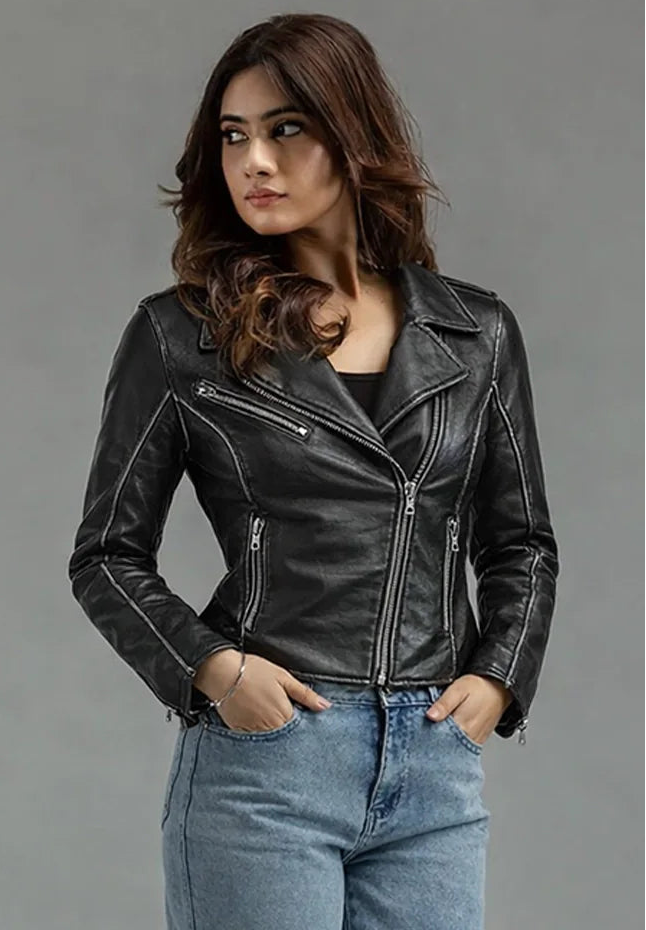 The Black Velvet Ladies jacket is a slightly different take on the classic MC style with "Distressing" on the edges in a supple Lamb skin leather. This fashion jacket features a black lining, antique silver hardware, 3 outside pockets, 2 inside pockets, and color distressed trims. Ride to Smyrna, TN outside of Nashville and gets yours. Sizes XS-5XL