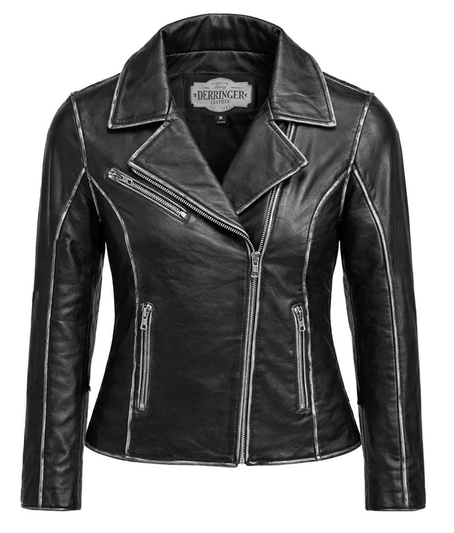 The Black Velvet Ladies jacket is a slightly different take on the classic MC style with "Distressing" on the edges in a supple Lamb skin leather. This fashion jacket features a black lining, antique silver hardware, 3 outside pockets, 2 inside pockets, and color distressed trims. Ride to Smyrna, TN outside of Nashville and gets yours. Sizes XS-5XL