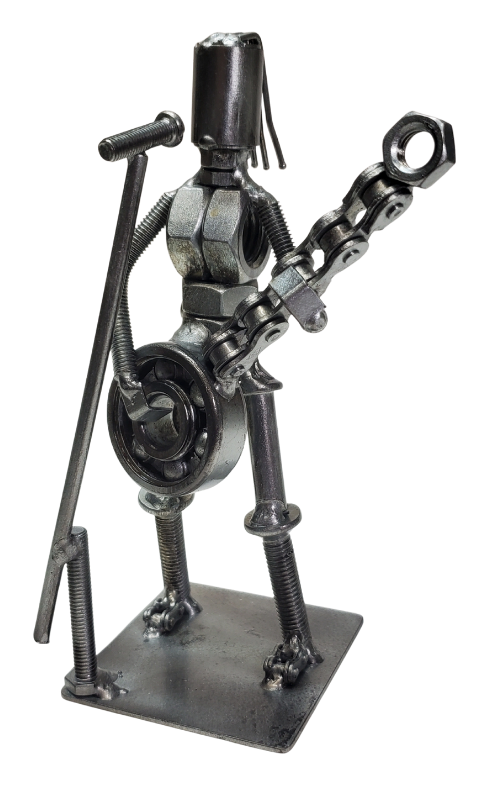 Each piece is hand-crafted using sprockets, chains, nuts, bolts, washers, springs, and bearing wheels, making it a truly one-of-a-kind present. For exact measurements, check out the photo. You can find these METAL artwork pieces at our Smyrna store, located just minutes from Nashville, TN.

Size Approx. 6 1/2" tall x 2 1/2" wide base
Imported