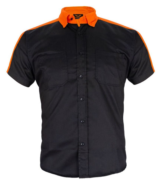 Orange accented with a button-up front and reflective piping across back. Now in stock at our Smyrna, TN not far from Bumpus HD in Murfreesboro.

Mechanic Short Sleeve Motorcycle Shirt Orange and Black Buttoned front
Machine Wash Tumble Dry Classic Style Automotive work
Shirt Reflector in Back and Two Chest Pockets
Stain Release Wrinkle Resistant Fabric Button down collar to keep it from slapping on face at high speeds, unlike others out there