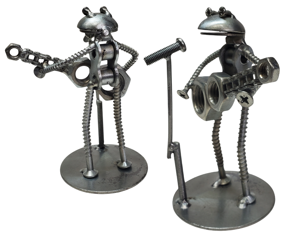 Each piece is hand-crafted using sprockets, chains, nuts, bolts, washers, springs, and bearing wheels, making it a truly one-of-a-kind present. For exact measurements, check out the photo. You can find these METAL artwork pieces at our Smyrna store, located just minutes from Nashville, TN.

Size Approx. 5" tall x 2 1/2" wide
Imported