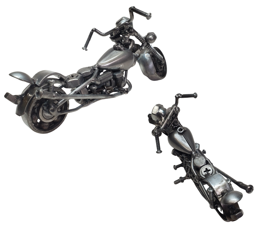 Each piece is hand-crafted using sprockets, chains, nuts, bolts, washers, springs, and bearing wheels, making it a truly one-of-a-kind present. For exact measurements, check out the photo. You can find these METAL artwork pieces at our Smyrna store, located just minutes from Nashville, TN.

Size Approx. 4" tall x 7 1/2" long x 3 wide
Imported