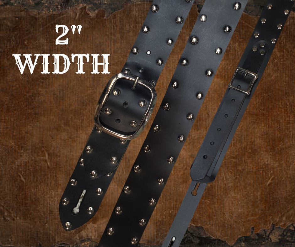 Studs and Eyelets like Marshalls have have been staple for years in Rock music!  "This 2" wide Guitar Strap is a nod to that classic influence. It's made from Pebbled Veg-Tan Cowhide and after some gig's it'll look like you bought in a Vintage shop. The classic adjustment style goes from approx. 42" to 56" at it's longest . Made just outside Nashville in our Smyrna, TN. shop. It will need a bit of time to "break in" but will get a great patina over time.  