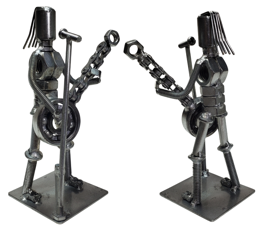 Each piece is hand-crafted using sprockets, chains, nuts, bolts, washers, springs, and bearing wheels, making it a truly one-of-a-kind present. For exact measurements, check out the photo. You can find these METAL artwork pieces at our Smyrna store, located just minutes from Nashville, TN.

Size Approx. 6 1/2" tall x 2 1/2" wide base
Imported