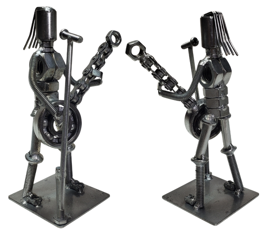 Each piece is hand-crafted using sprockets, chains, nuts, bolts, washers, springs, and bearing wheels, making it a truly one-of-a-kind present. For exact measurements, check out the photo. You can find these METAL artwork pieces at our Smyrna store, located just minutes from Nashville, TN.

Size Approx. 6 1/2" tall x 2 1/2" wide base
Imported