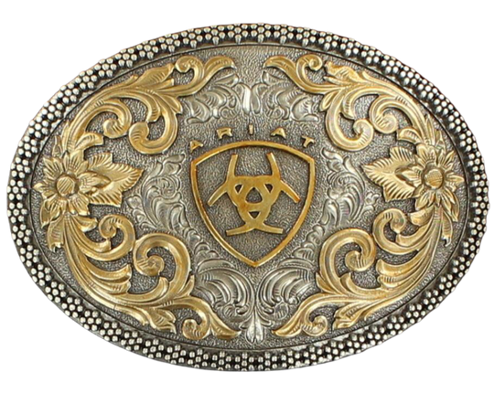 This beautiful oval buckle from Ariat features an ornate edge and an Antique and Brass colored Western scroll design surrounding the iconic Ariat logo. It's 3" tall by 4" wide and can fit belts up to 1 1/2" wide. You can find it at our retail shop in Smyrna, TN, near Nashville, or purchase it from our online store.