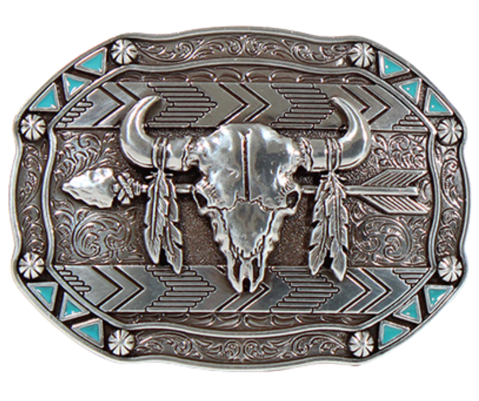 This belt buckle takes inspiration from the Lakota people, known for their buffalo hunting practices. It features an oval shape with small turquoise triangles and berry shapes along the border. In antique silver, it showcases a buffalo skull, feathers, and an arrow in the center. Measuring approximately 3" tall by 4" wide, it can fit belts up to 1 1/2" wide. You can find it in our retail shop in Smyrna, TN, near Nashville, or on our online store.