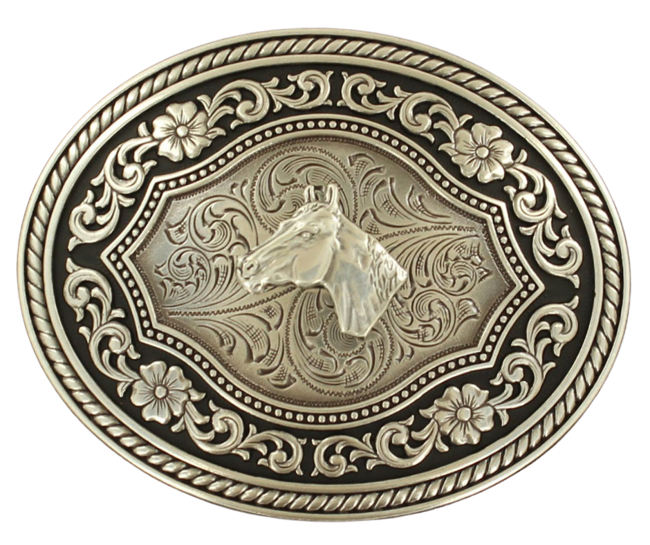 This is an Western-style buckle with an oval shape and a unique design featuring a rope border and a framed Horsehead in the center. The antiqued coloring and black scroll design add a touch of character to this piece. Measuring approximately 3" tall and 4" wide, it can accommodate belts up to 1 1/2" wide. This buckle can be found at our retail shop in Smyrna, TN, just outside Nashville, and is also available for purchase on our online store.