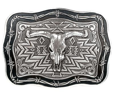 Embrace the Southwest's Barbwire aesthetic with this rectangular Antique Silver buckle. Including a Longhorn skull centerpiece and a scroll design etched surface, this 3" tall by 4" wide accessory is ideal for belts up to 1 1/2" wide. Its antique silver color adds a distinctive touch. You can find it at our retail shop in Smyrna, TN or online purchasing options are also available. 