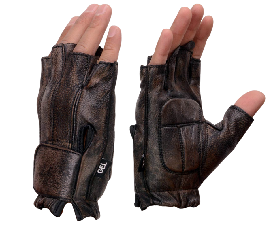 Leather Fingerless Gloves Padded Motorcycle Gloves Brown