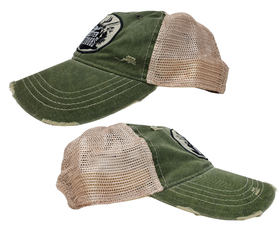The Life is Better Outdoors cap has a silhouetted graphics patch. It's Super soft with rips and tears for that well worn look. Faded green twill front, cream color mesh back with snap back for adjustment. Available online and in our retail shop in Smyrna, TN.