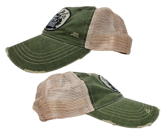 The Life is Better Outdoors cap has a silhouetted graphics patch. It's Super soft with rips and tears for that well worn look. Faded green twill front, cream color mesh back with snap back for adjustment. Available online and in our retail shop in Smyrna, TN.