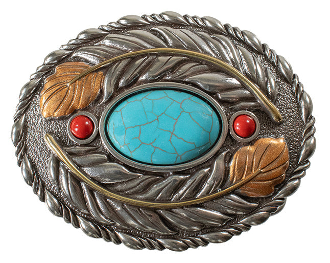 The Mojavi Feather Buckle features the beloved Western Feather symbol. It has a stylish and staple accessory for a long time. This oval belt buckle features a Antique Silver-colored western scroll design with a centered Turquoise colored stone surrounded by rounded bead edges. You can find it at our retail shop in Smyrna, TN, located just outside of Nashville.

Imported
Measuring 3" tall by 4" wide
Fit's belts up to 1 1/2" wide.