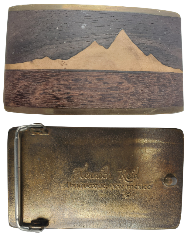 Vintage wood inlay with mountain belt buckle