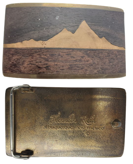 Vintage wood inlay with mountain belt buckle