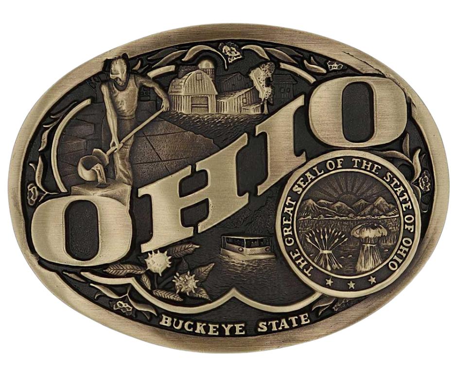 Antiqued brass colored Attitude buckle Ohio state and symbols. Standard 1.5 belt swivel. Available at our shop just outside Nashville in Smyrna, TN.