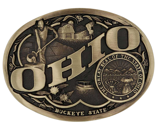 Antiqued brass colored Attitude buckle Ohio state and symbols. Standard 1.5 belt swivel. Available at our shop just outside Nashville in Smyrna, TN.