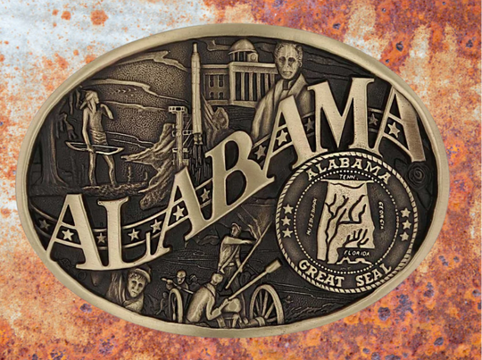 Antiqued brass colored Attitude buckle Alabama state and symbols. Standard 1.5 belt swivel. Available at our shop just outside Nashville in Smyrna, TN.