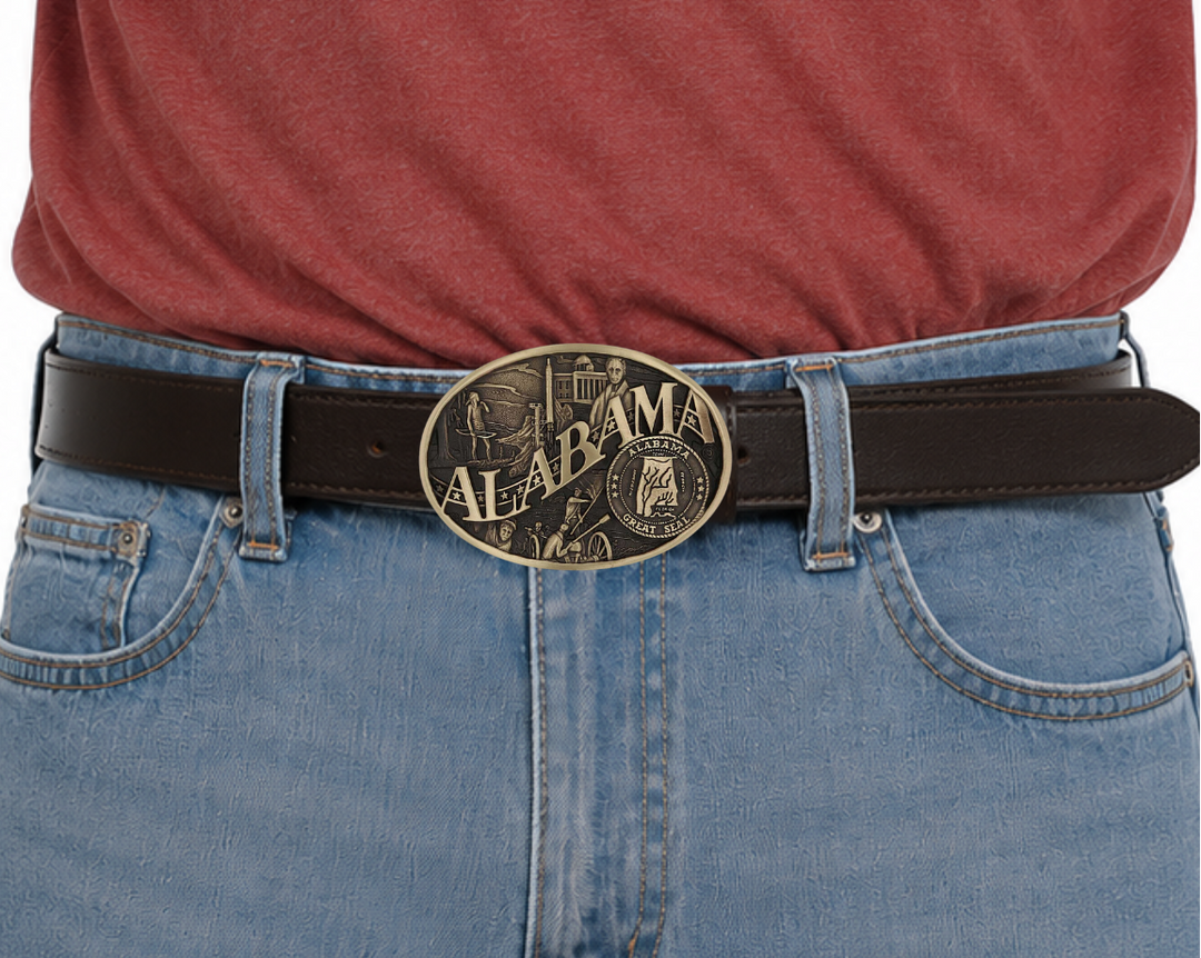 Antiqued brass colored Attitude buckle Alabama state and symbols. Standard 1.5 belt swivel. Available at our shop just outside Nashville in Smyrna, TN.