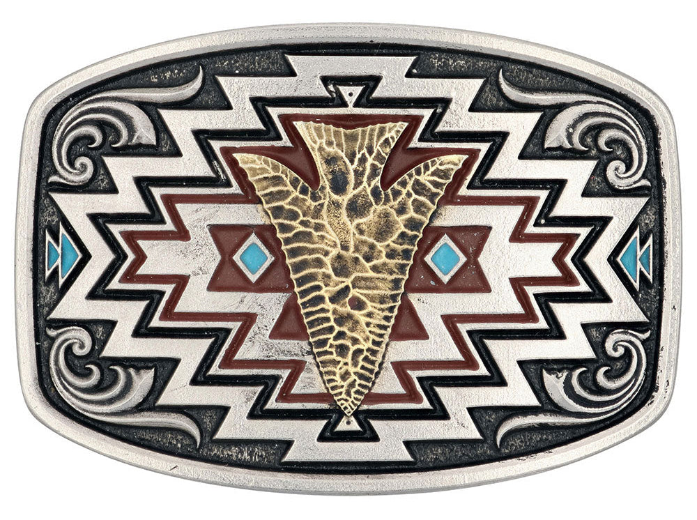 This Radiating Center of it All Arrow Belt Buckle is a curved, rectangular Attitude cast buckle that is hand-painted, radiating it's center arrow design. A gold-finished arrow sits front and center, surrounded by geometric etched patterns painted in reds and turquoise-blues. The pattern is surrounded by faint filigree and a low-profile trim on the outside. Fits 1 1/2" belts and is approx. 3" tall x 4" across. Available at our shop just outside Nashville in Smyrna, TN.