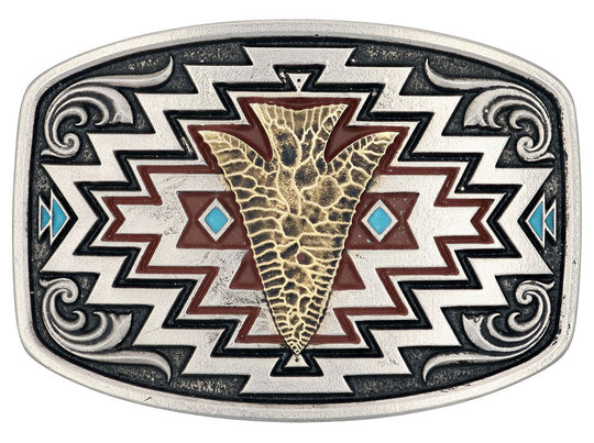 This Radiating Center of it All Arrow Belt Buckle is a curved, rectangular Attitude cast buckle that is hand-painted, radiating it&