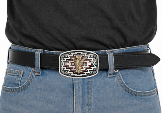 This Radiating Center of it All Arrow Belt Buckle is a curved, rectangular Attitude cast buckle that is hand-painted, radiating it&