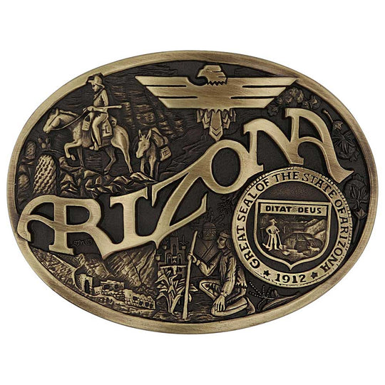 Celebrate Arizona State with this buckle highlighting the life and exploration of man, including a magnificent Thunderbird and the great state seal! Brass plate over a solid cast metal alloy is antiqued and buffed to highlight the details.

Fits 1 1/2" belts and is approx. 3" tall x 4" across. Available at our shop just outside Nashville in Smyrna, TN. Made by Montana Silversmiths.