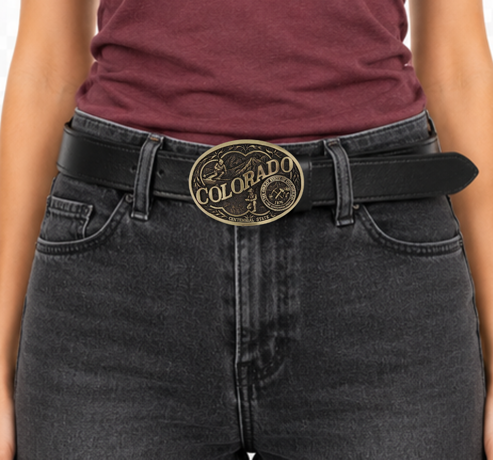 Celebrate Iowa State with this buckle highlighting corn, farming, wrestling, and a church motifs, including the great state seal! Brass plate over a solid cast metal alloy is antiqued and buffed to highlight the details.

Fits 1 1/2" belts and is approx. 3" tall x 4" across. Available at our shop just outside Nashville in Smyrna, TN. Made by Montana Silversmiths.