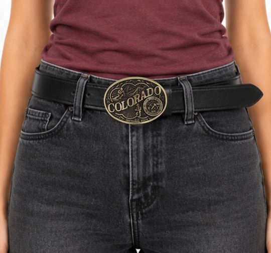 Celebrate Iowa State with this buckle highlighting corn, farming, wrestling, and a church motifs, including the great state seal! Brass plate over a solid cast metal alloy is antiqued and buffed to highlight the details.

Fits 1 1/2" belts and is approx. 3" tall x 4" across. Available at our shop just outside Nashville in Smyrna, TN. Made by Montana Silversmiths.