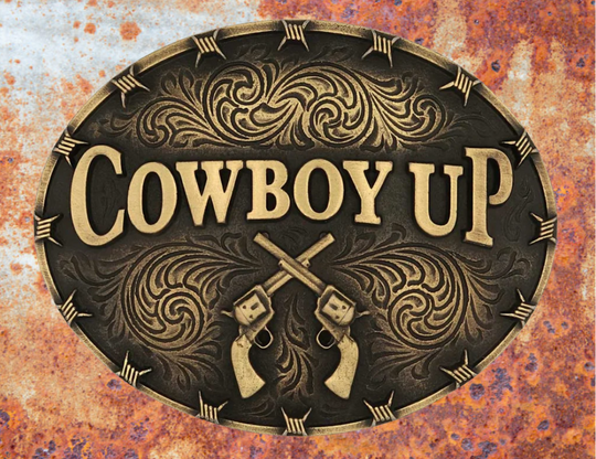 Saddle up with the Cowboy Up Attitude Buckle. This buckle features the words "Cowboy Up" with two crossed revolvers underneath. Unique barbed wire designs adorn the edge of the buckle with additional antiquing near the edge. Fits 1.5 inch belts. Find it online or at our shop just outside Nashville in Smyrna, TN. By Montana Silversmith Approx. 4" x 3" Brass over white metal alloy. Protective coating.