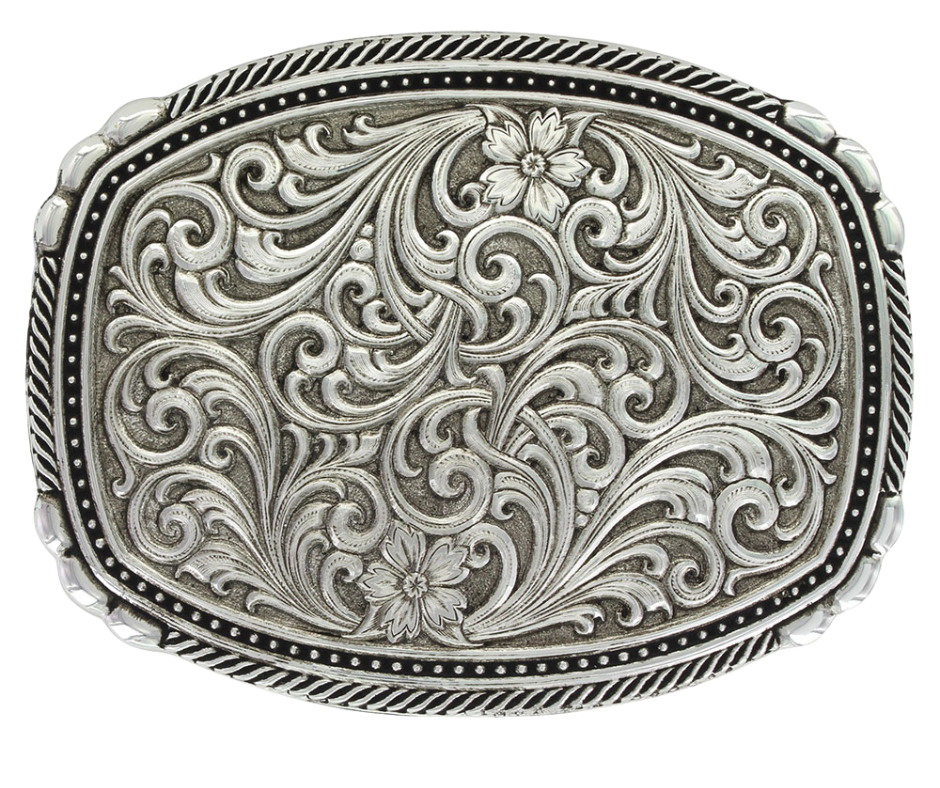 This buckle features a beautiful Intricate Classic Western Scroll pattern as the main design. Its antiqued curved rectangular shape is accented with twisted silver finished rope edging and high-domed beads, framing the bright cut Western scroll design. It can fit a standard 1.5 inch belt and measures approximately 3 3/4"" across x 3" tall. You can find it at our Smyrna, TN location, just a short drive from downtown Nashville. Made by Montana Silversmith.