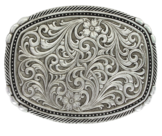 This buckle features a beautiful Intricate Classic Western Scroll pattern as the main design. Its antiqued curved rectangular shape is accented with twisted silver finished rope edging and high-domed beads, framing the bright cut Western scroll design. It can fit a standard 1.5 inch belt and measures approximately 3 3/4"" across x 3" tall. You can find it at our Smyrna, TN location, just a short drive from downtown Nashville. Made by Montana Silversmith.