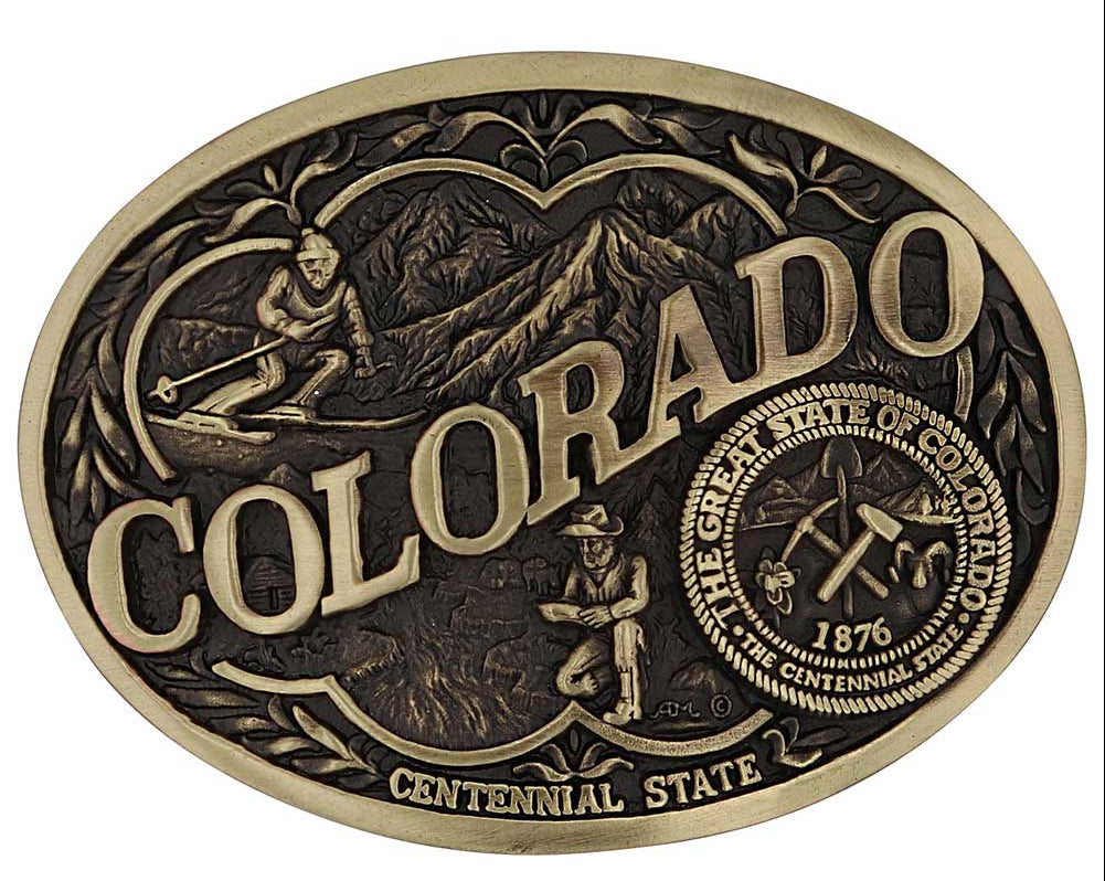 Celebrate Colorado State with this buckle highlighting skiing in the mountains and prospecting for gold motifs, including the great state seal! Brass plate over a solid cast metal alloy is antiqued and buffed to highlight the details.

Fits 1 1/2" belts and is approx. 3" tall x 4" across. Available at our shop just outside Nashville in Smyrna, TN. Made by Montana Silversmiths.