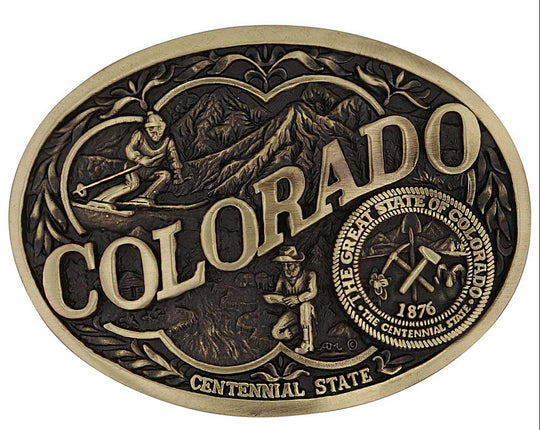 Celebrate Colorado State with this buckle highlighting skiing in the mountains and prospecting for gold motifs, including the great state seal! Brass plate over a solid cast metal alloy is antiqued and buffed to highlight the details.

Fits 1 1/2" belts and is approx. 3" tall x 4" across. Available at our shop just outside Nashville in Smyrna, TN. Made by Montana Silversmiths.