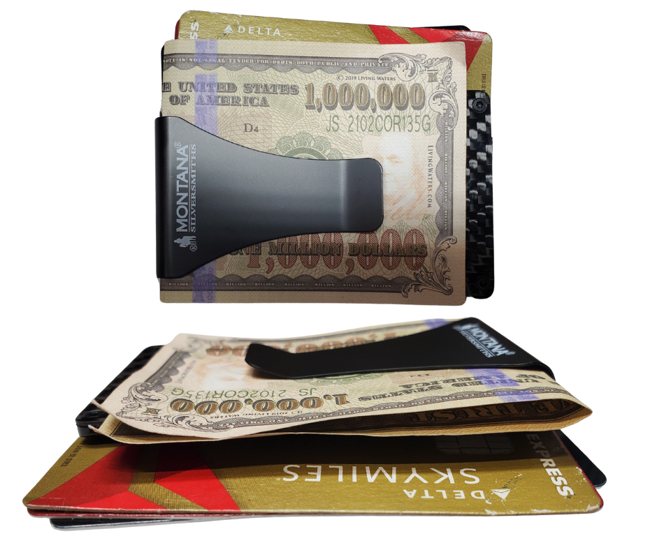 Available at our shop just outside Nashville in Smyrna, TN. Our All American Bronze Credit Card Holder is a beaut! It offers a distinctive, slim design that is practical and comfortable in your hand and pocket, making it an everyday essential. One side with a bronze finished panel of Montana Silversmiths signature bright-cut engraving. The Carbon Fiber side has a clip that can hold your cash. Holder expands to hold a multitude of cards with thick elastic bands.