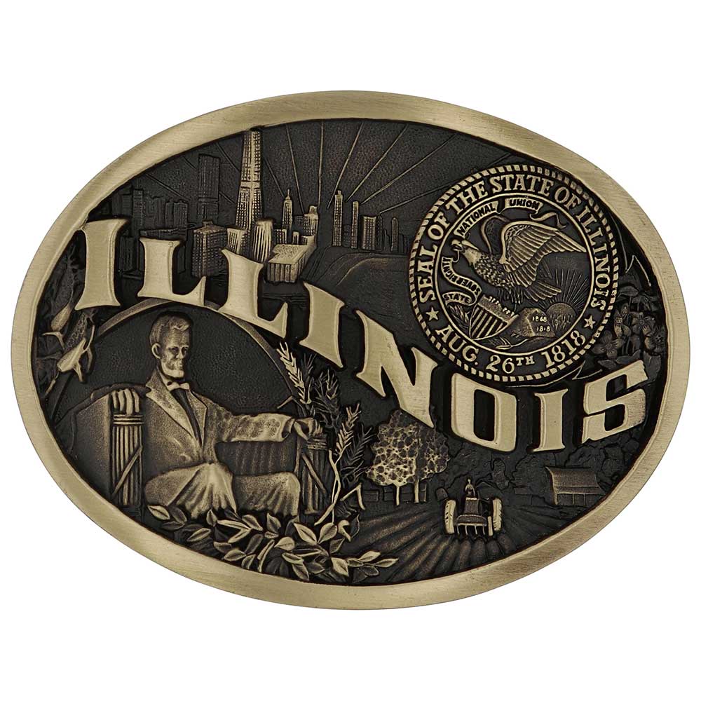 Celebrate Illinois State with this buckle highlighting a city skyline, Lincoln, and farming motifs including the state seal!

Fits 1 1/2" belts and is approx. 3" tall x 4" across. Available at our shop just outside Nashville in Smyrna, TN. Made by Montana Silversmiths.