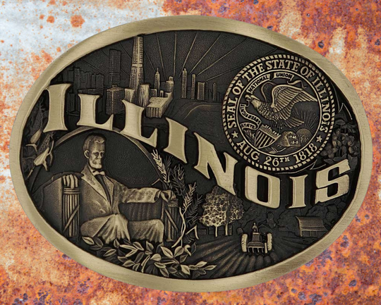 Celebrate Illinois State with this buckle highlighting a city skyline, Lincoln, and farming motifs including the state seal!

Fits 1 1/2" belts and is approx. 3" tall x 4" across. Available at our shop just outside Nashville in Smyrna, TN. Made by Montana Silversmiths.