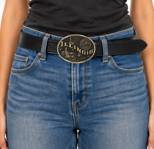 Celebrate Illinois State with this buckle highlighting a city skyline, Lincoln, and farming motifs including the state seal!

Fits 1 1/2" belts and is approx. 3" tall x 4" across. Available at our shop just outside Nashville in Smyrna, TN. Made by Montana Silversmiths.
