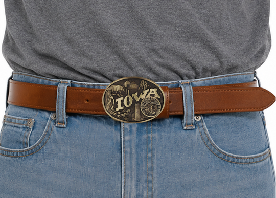Celebrate Iowa State with this buckle highlighting corn, farming, wrestling, and a church motifs, including the great state seal! Brass plate over a solid cast metal alloy is antiqued and buffed to highlight the details.

Fits 1 1/2" belts and is approx. 3" tall x 4" across. Available at our shop just outside Nashville in Smyrna, TN. Made by Montana Silversmiths.