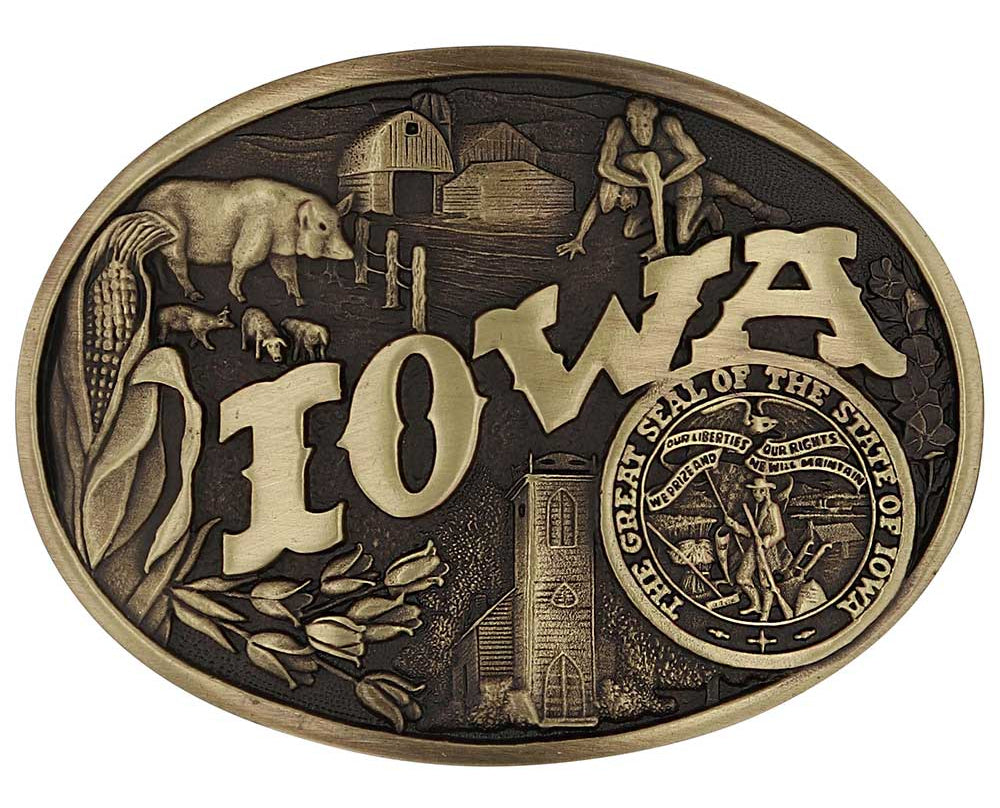 Celebrate Iowa State with this buckle highlighting corn, farming, wrestling, and a church motifs, including the great state seal! Brass plate over a solid cast metal alloy is antiqued and buffed to highlight the details.

Fits 1 1/2" belts and is approx. 3" tall x 4" across. Available at our shop just outside Nashville in Smyrna, TN. Made by Montana Silversmiths.