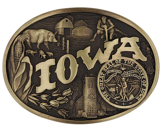 Celebrate Iowa State with this buckle highlighting corn, farming, wrestling, and a church motifs, including the great state seal! Brass plate over a solid cast metal alloy is antiqued and buffed to highlight the details.

Fits 1 1/2" belts and is approx. 3" tall x 4" across. Available at our shop just outside Nashville in Smyrna, TN. Made by Montana Silversmiths.