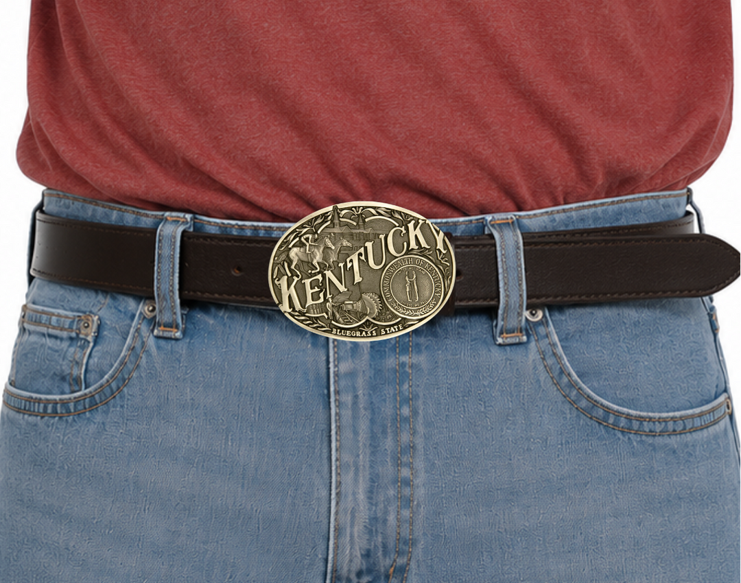 A bronze cast Montana Silversmiths buckle with significant figures of Kentucky&