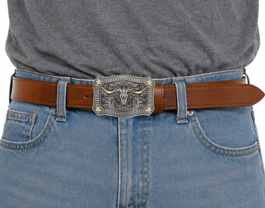 The Longhorn Crest Filigree Belt Buckle is free-spirited and has a western ruggedness. It holds a longhorn skull in the center that is cradled by exaggerated filigree. A mix of silver and gold tones give added depth and character. Each corner has a star and additional filigree while the buckle is framed in a smooth wire-like trim. Fits 1 1/2" belts and is approx. 3" tall x 4"across. Available at our shop just outside Nashville in Smyrna, TN.