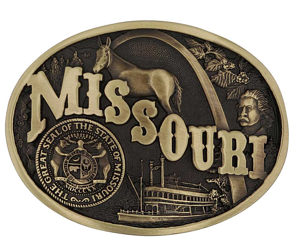 Celebrate Missouri State with this buckle highlighting the St. Louis Arch, Missouri River Steamboats, the Missouri Mule, Albert Einstein for his influence, and the great state seal! Brass plate over a solid cast metal alloy is antiqued and buffed to highlight the details.

Fits 1 1/2" belts and is approx. 3" tall x 4" across. Available at our shop just outside Nashville in Smyrna, TN. Made by Montana Silversmiths.