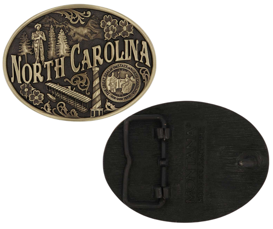 Large lettering spelling out North Carolina stretches boldly across, surrounded by a set of antiqued figures in celebration of North Carolina heritage including Cape Hatteras Lighthouse, an airplane, and the state seal. Our cast belt buckles are acid washed to add the dark antiqued patina and hand buffed to bring out the highlights and details. Standard 1.5 inch belt swivel. Get yours at our local Smyrna ,TN shop.