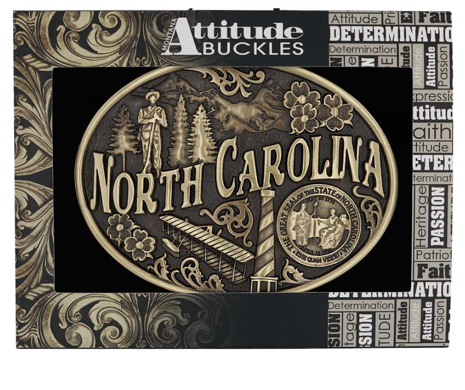 Large lettering spelling out North Carolina stretches boldly across, surrounded by a set of antiqued figures in celebration of North Carolina heritage including Cape Hatteras Lighthouse, an airplane, and the state seal. Our cast belt buckles are acid washed to add the dark antiqued patina and hand buffed to bring out the highlights and details. Standard 1.5 inch belt swivel. Get yours at our local Smyrna ,TN shop.