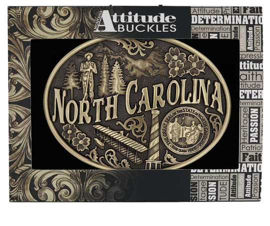 Large lettering spelling out North Carolina stretches boldly across, surrounded by a set of antiqued figures in celebration of North Carolina heritage including Cape Hatteras Lighthouse, an airplane, and the state seal. Our cast belt buckles are acid washed to add the dark antiqued patina and hand buffed to bring out the highlights and details. Standard 1.5 inch belt swivel. Get yours at our local Smyrna ,TN shop.