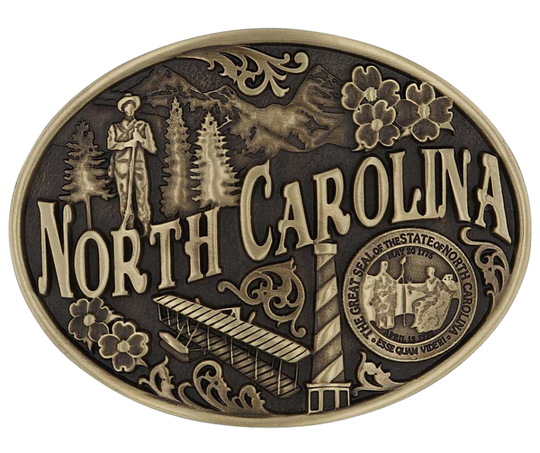 Large lettering spelling out North Carolina stretches boldly across, surrounded by a set of antiqued figures in celebration of North Carolina heritage including Cape Hatteras Lighthouse, an airplane, and the state seal. Our cast belt buckles are acid washed to add the dark antiqued patina and hand buffed to bring out the highlights and details. Standard 1.5 inch belt swivel. Get yours at our local Smyrna ,TN shop.
