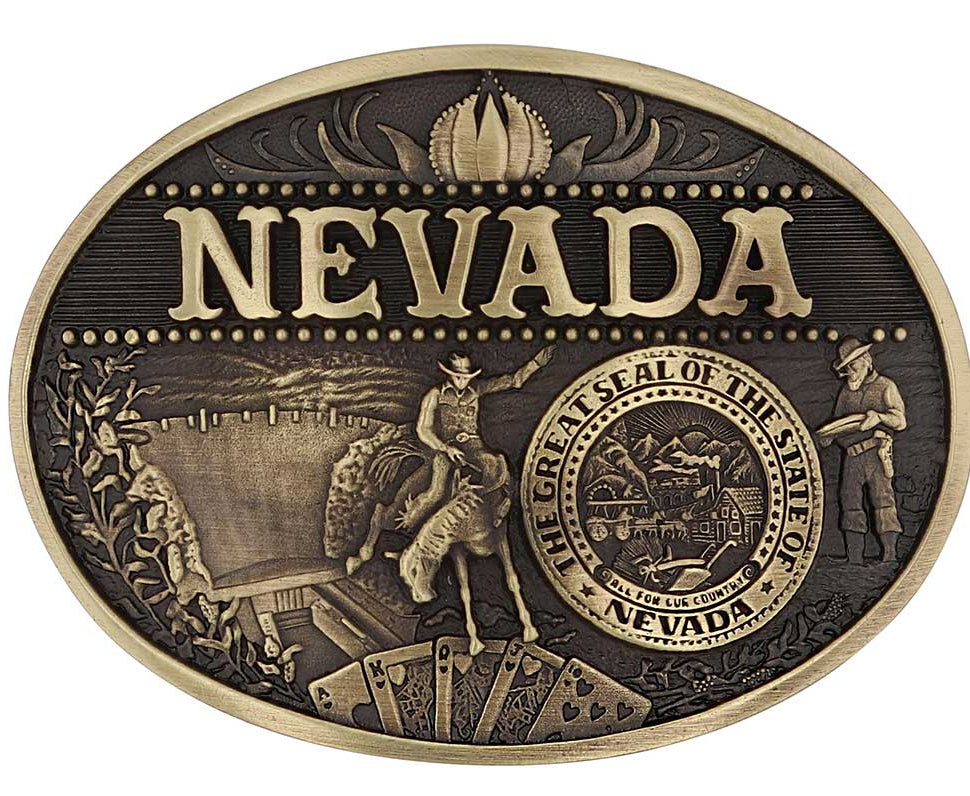 Celebrate Nevada State with this oval buckle highlighting the Hoover Dam, rodeo, hunting, gambling, and the great state seal! Brass plate over a solid cast metal alloy is antiqued and buffed to highlight the details.

Fits 1 1/2" belts and is approx. 3" tall x 4" across. Available at our shop just outside Nashville in Smyrna, TN. Made by Montana Silversmiths.