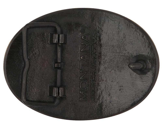 Celebrate Nevada State with this oval buckle highlighting the Hoover Dam, rodeo, hunting, gambling, and the great state seal! Brass plate over a solid cast metal alloy is antiqued and buffed to highlight the details.

Fits 1 1/2" belts and is approx. 3" tall x 4" across. Available at our shop just outside Nashville in Smyrna, TN. Made by Montana Silversmiths.